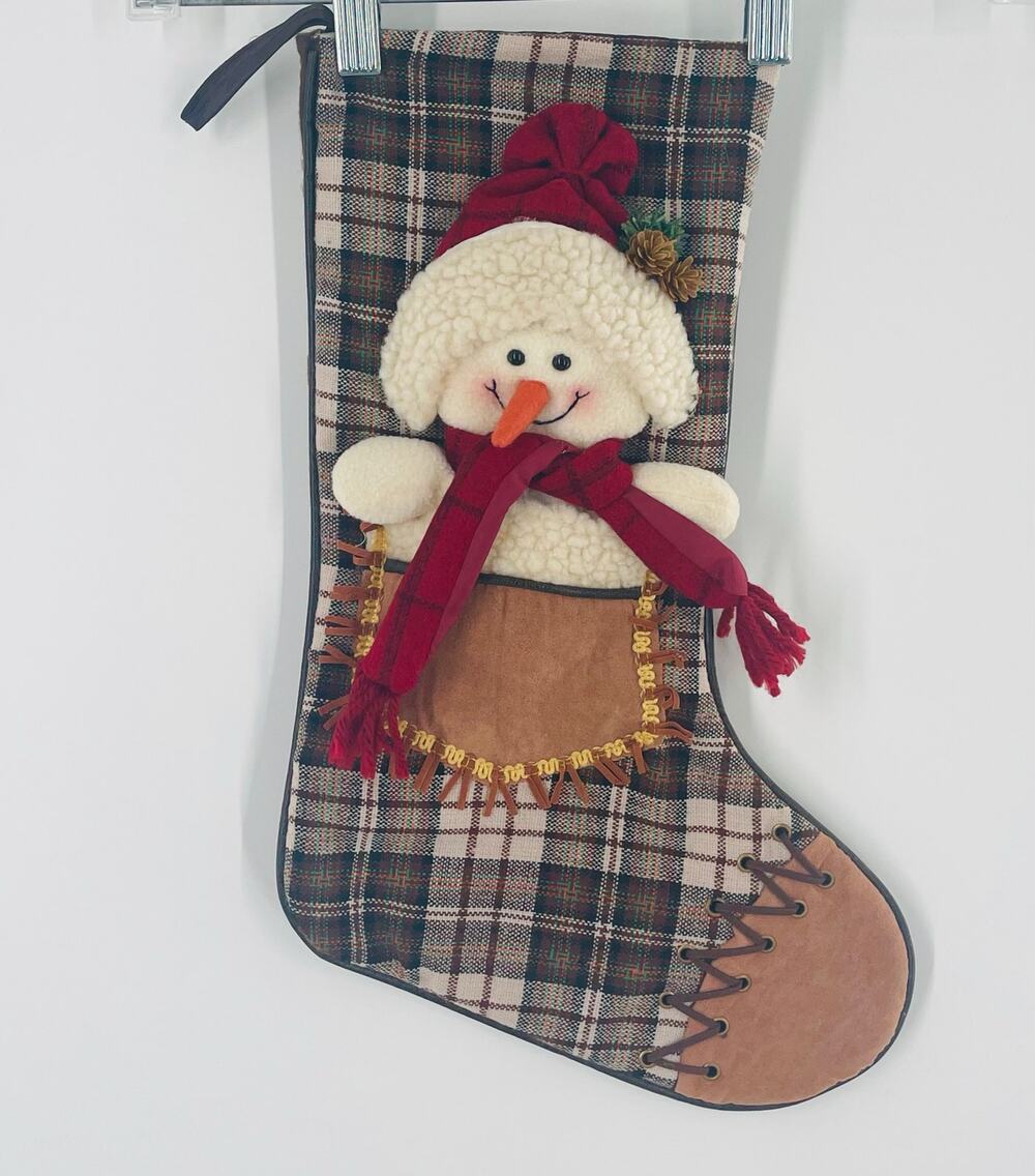 Western Plaid Christmas Stocking 3D Snowman Lace Up Faux Leather Country Folk